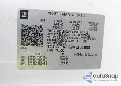 2019 Chevrolet Express 2500 Work Van z USA, uszkodzony, nr VIN 1GCWGAFG9K1151688